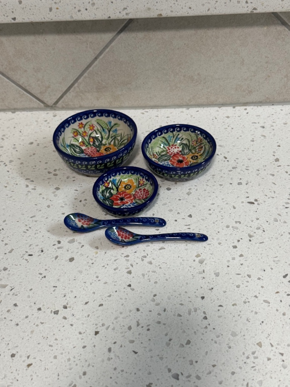 Tiny Polish Pottery Floral Garden Nesting Bowls